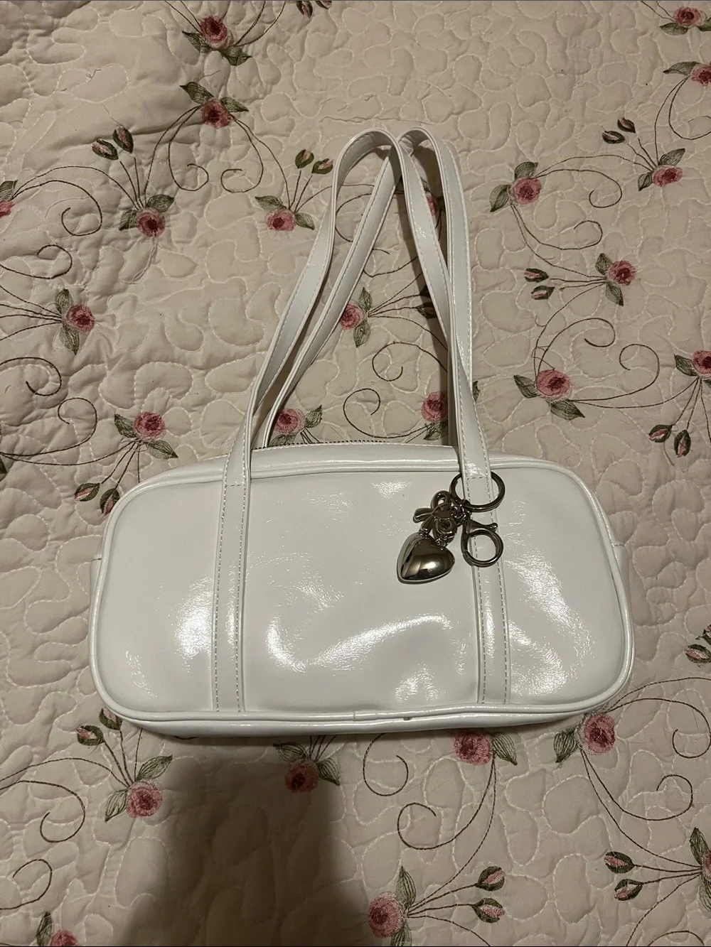 White Patent Shoulder Bag with Heart Charm
